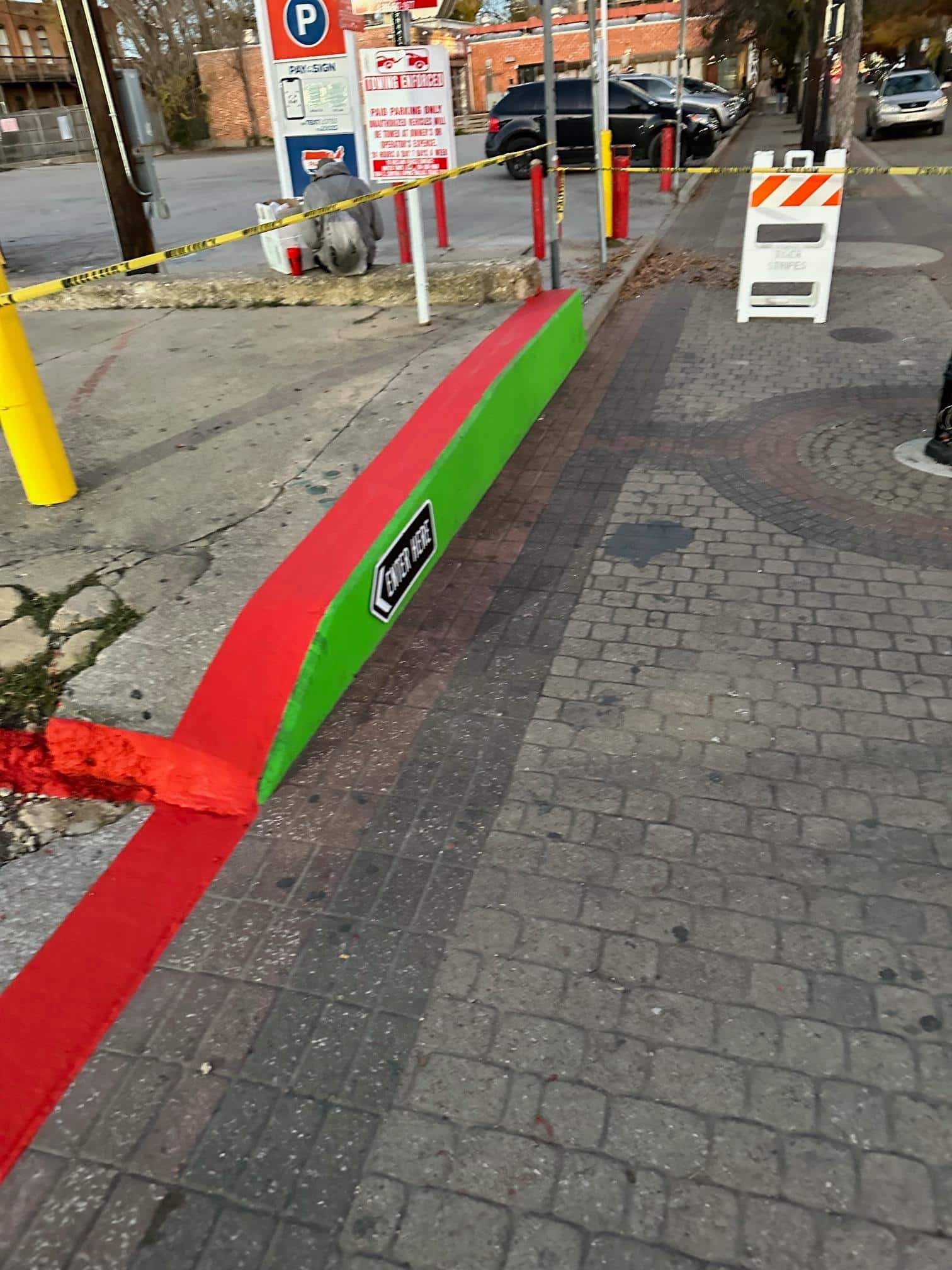 red green painted fire lane striping in deep ellum texas